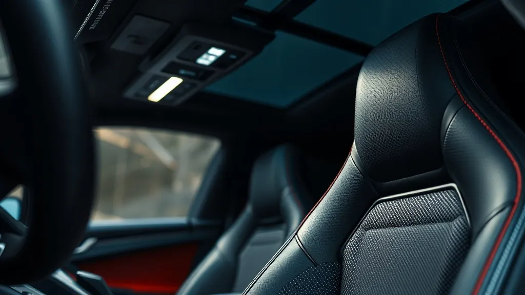 Close-up of high-tech car interior materials, carbon fiber,
