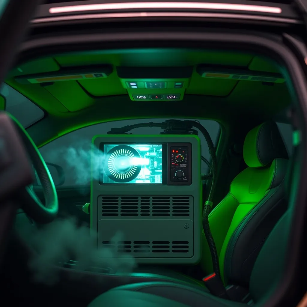 Industrial ozone generator machine inside a modern car inter