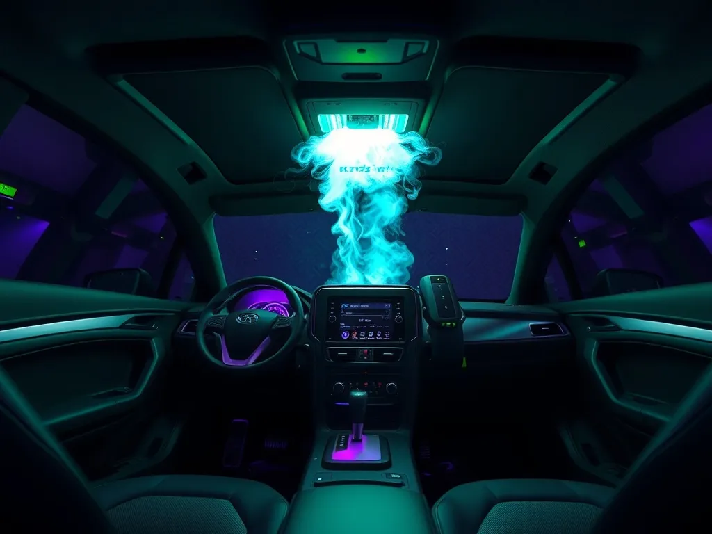 Industrial ozone generator machine inside a modern dark car